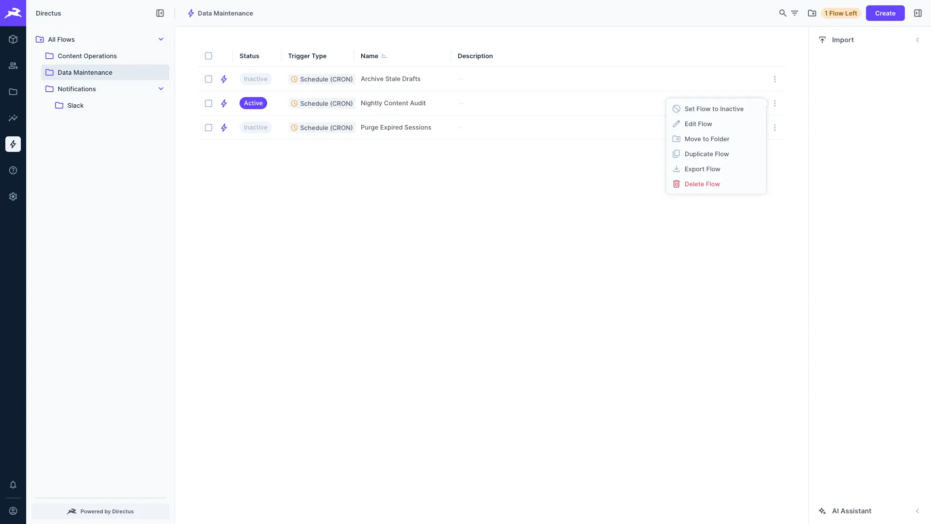 The Flow context menu with the Export Flow option
